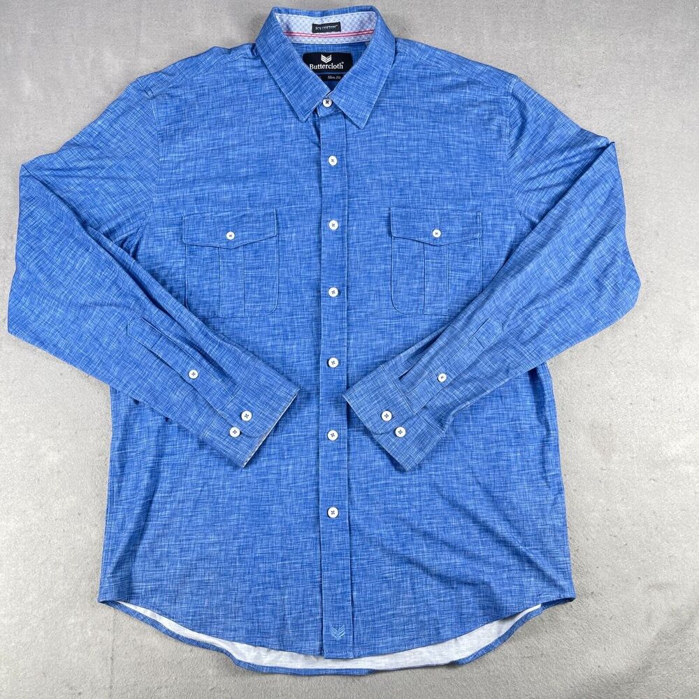 Buttercloth Shirt Mens XL Button Up Long Sleeve Heather Blue Icy Cotton Regular